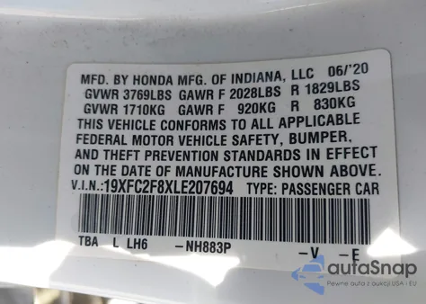 2020 Honda Civic Sport from USA, damaged, VIN 19XFC2F8XLE207694